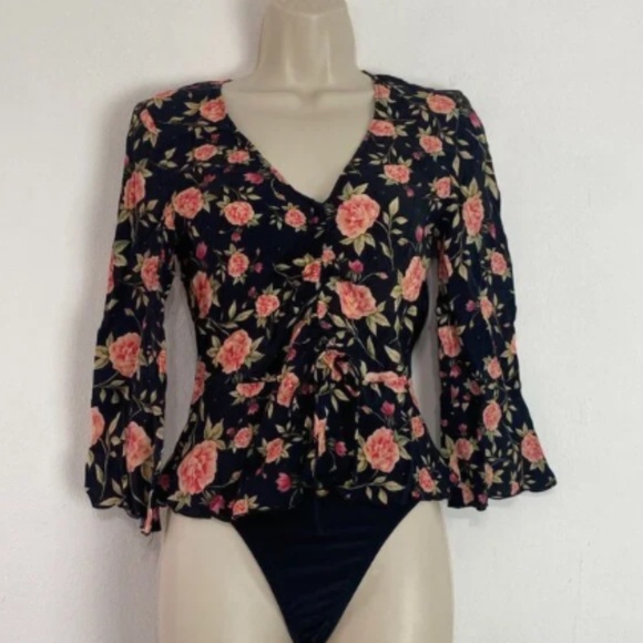 Zara Woman Top Floral Drawstring Black & Multicolor ¾ Sleeves Size XS - Picture 2 of 5